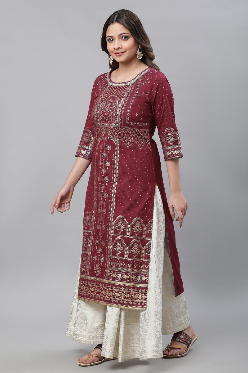 Aurelia Maroon Geometric Printed Printed Lace Cotton Regular Kurta for Women - Image 2