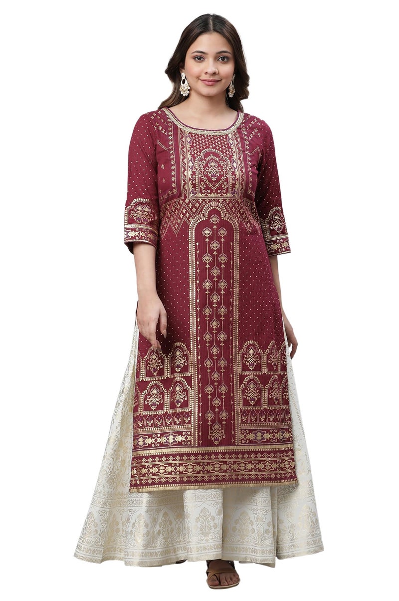 Aurelia Maroon Geometric Printed Printed Lace Cotton Regular Kurta for Women - Image 1