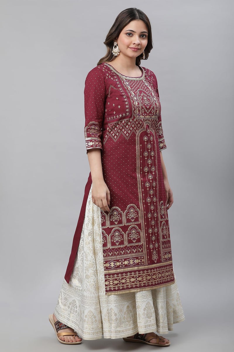 Aurelia Maroon Geometric Printed Printed Lace Cotton Regular Kurta for Women - Image 4
