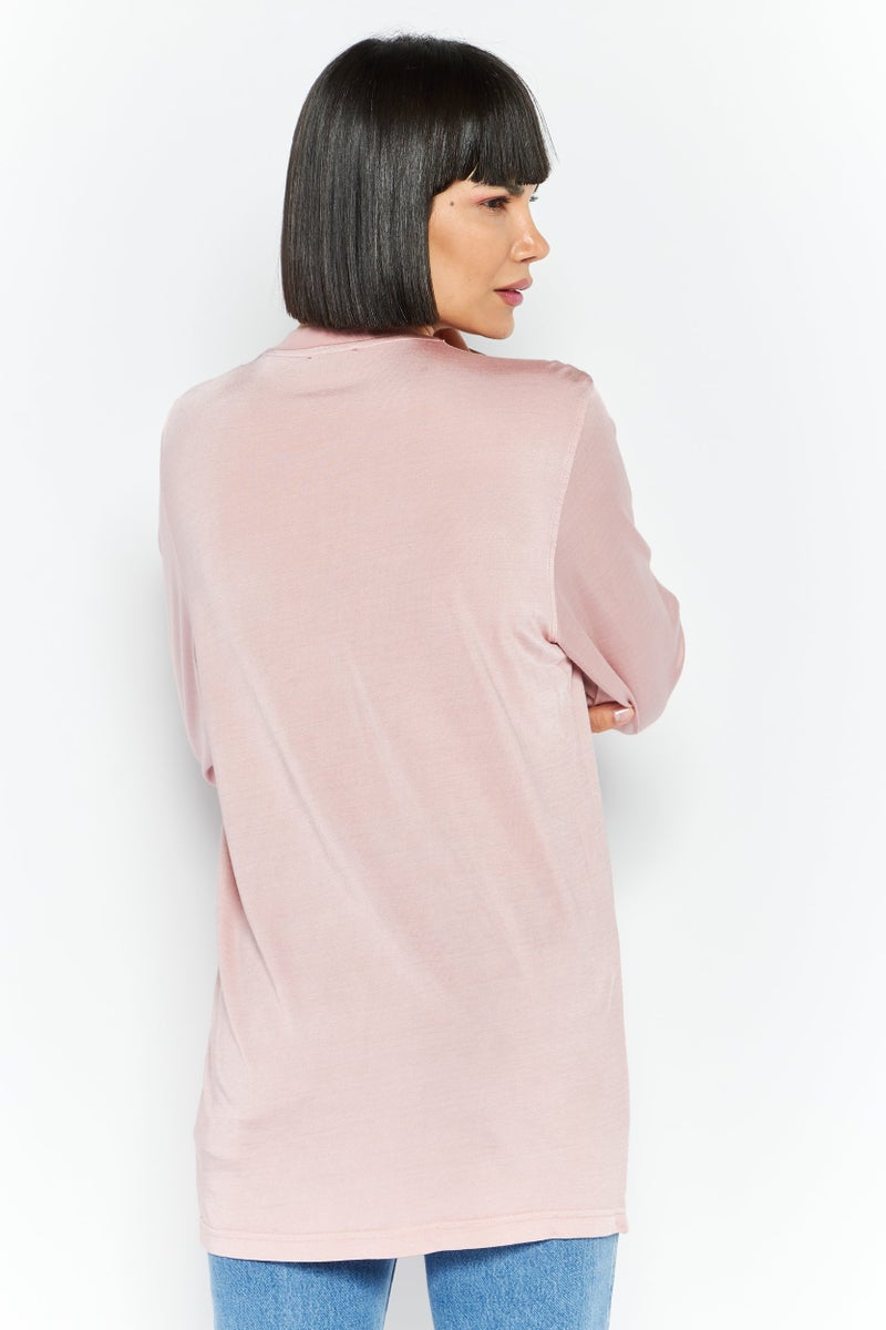 DIESEL بلوزة نسائية بأكمام طويلة وياقة دائرية بشعار مطرز، وردي - Image 4