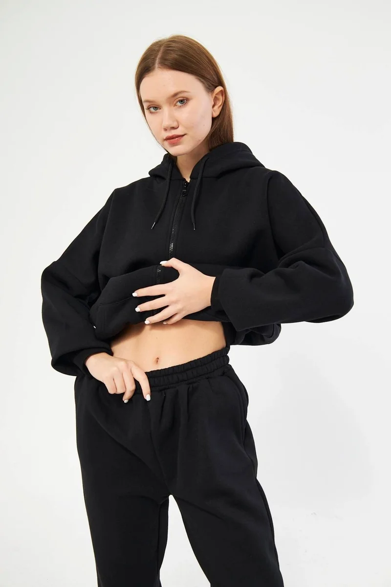 Fevien 3 Thread Zipper Hooded Set - Black