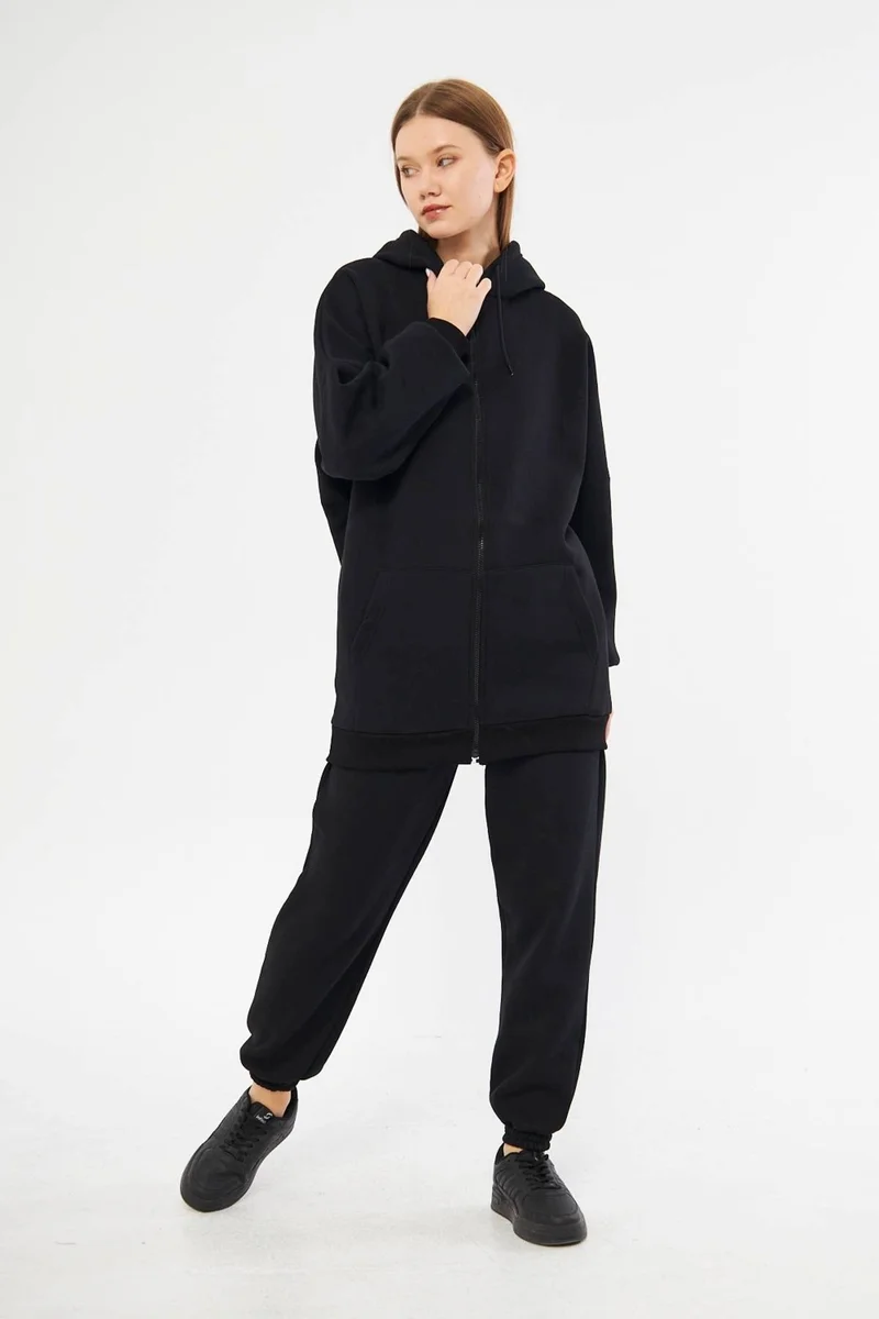 Fevien 3 Thread Zipper Hooded Set - Black
