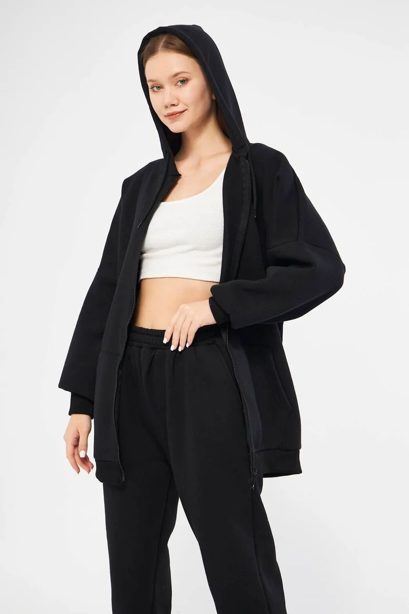Fevien 3 Thread Zipper Hooded Set - Black