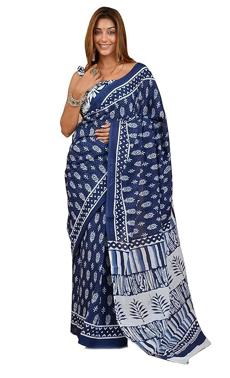 C J Enterprise Women’s Pure Soft Cotton Saree Linen For Kalamkari Silk Sarees Latest Party Design Wear Wedding Sadi With Blouse Piece Sari South Mulmul ikkat Mul Print 2025 New (Lilen) (Indigo-3) - Image 1