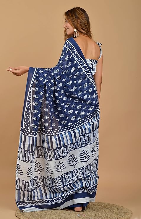 C J Enterprise Women’s Pure Soft Cotton Saree Linen For Kalamkari Silk Sarees Latest Party Design Wear Wedding Sadi With Blouse Piece Sari South Mulmul ikkat Mul Print 2025 New (Lilen) (Indigo-3) - Image 4