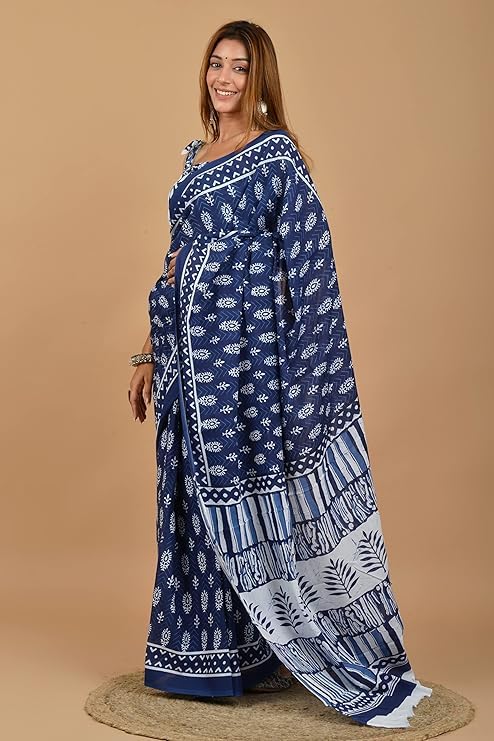 C J Enterprise Women’s Pure Soft Cotton Saree Linen For Kalamkari Silk Sarees Latest Party Design Wear Wedding Sadi With Blouse Piece Sari South Mulmul ikkat Mul Print 2025 New (Lilen) (Indigo-3) - Image 5