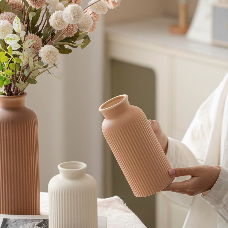 vaurcesa Large Modern Ceramic Vase Set, Coffee Ribbed Matte Design, 3-Piece Decorative Vases for Home, Living Room, Office (XL Coffee Mix) - Image 3