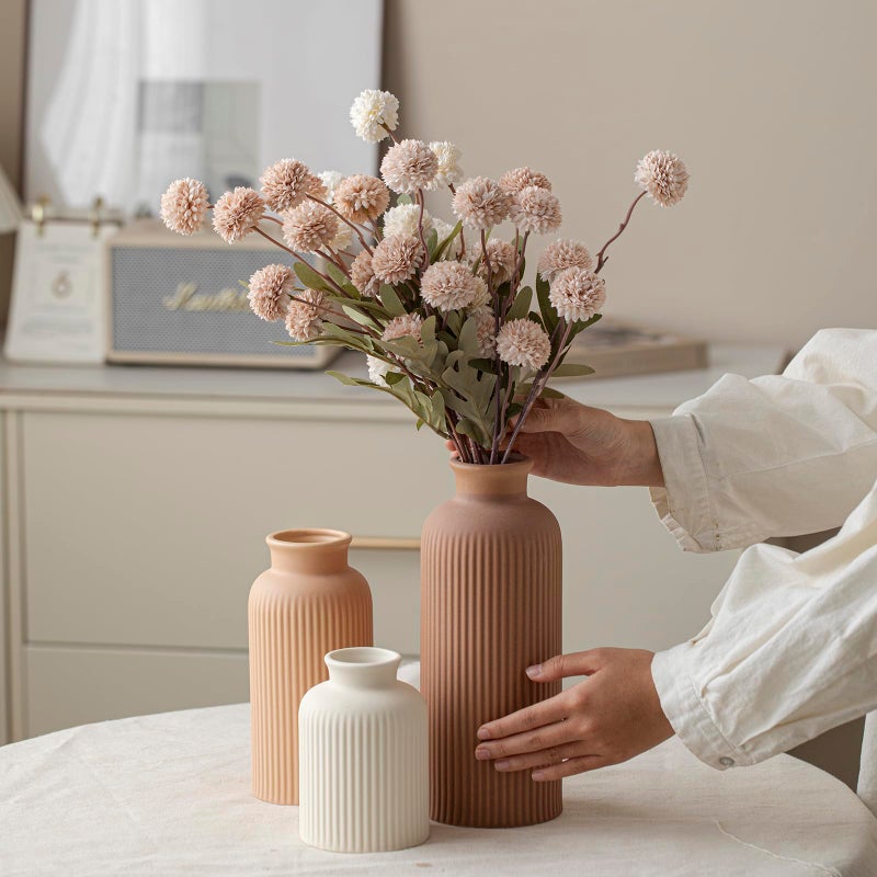 vaurcesa Large Modern Ceramic Vase Set, Coffee Ribbed Matte Design, 3-Piece Decorative Vases for Home, Living Room, Office (XL Coffee Mix) - Image 2