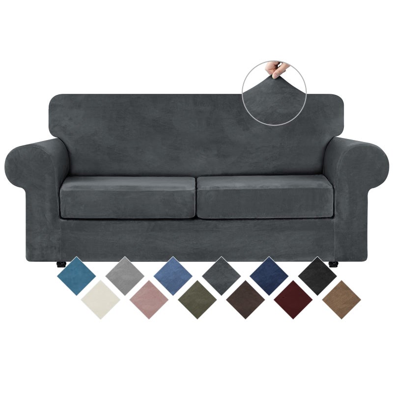 WEERRW Velvet Couch Covers for 2 Cushion Couch Sofa - High Stretch Luxury Velvet Plush 3 Pieces Sofa Slipcovers with Elastic Bottom, Furniture Protector for Pets, Machine Washable, Dark Grey, Medium - Image 1