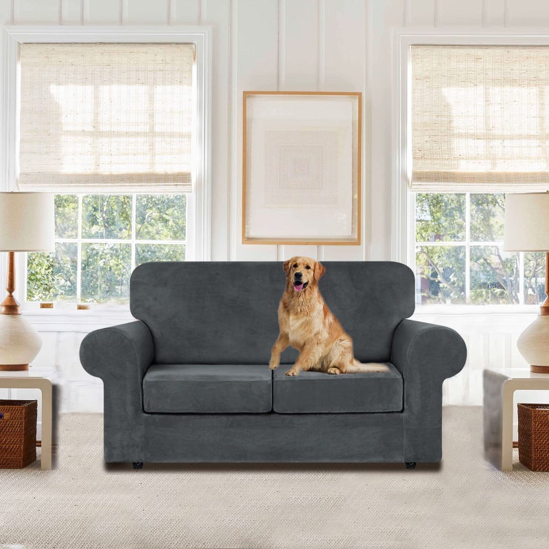 WEERRW Velvet Couch Covers for 2 Cushion Couch Sofa - High Stretch Luxury Velvet Plush 3 Pieces Sofa Slipcovers with Elastic Bottom, Furniture Protector for Pets, Machine Washable, Dark Grey, Medium - Image 2