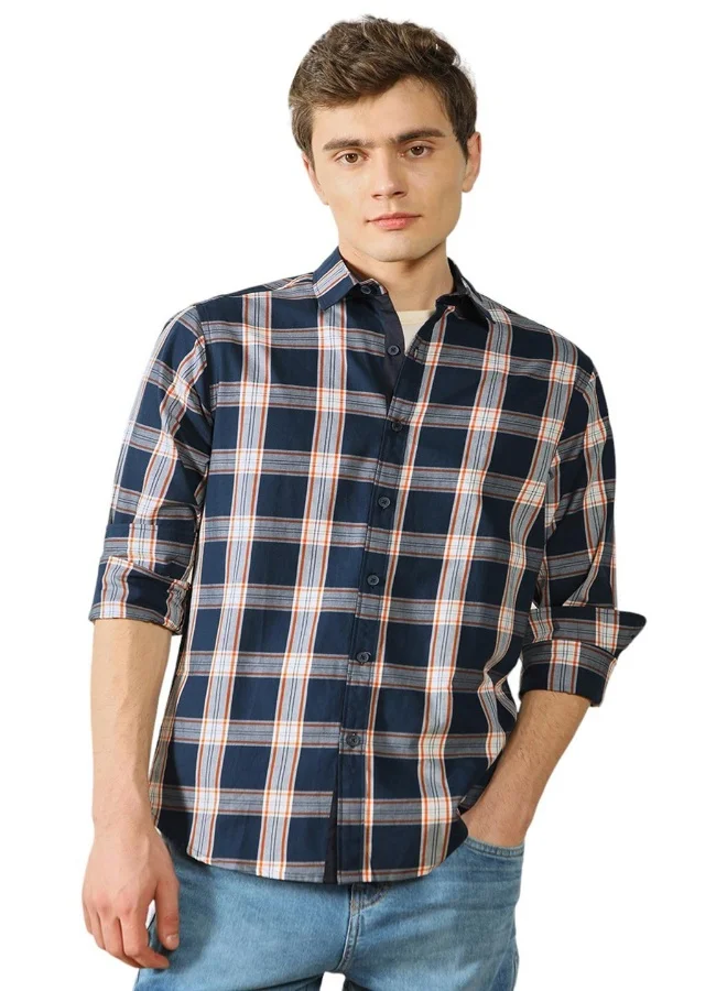 دينيس لينغو Regular Fit Navy Cotton Shirt Spread Collar