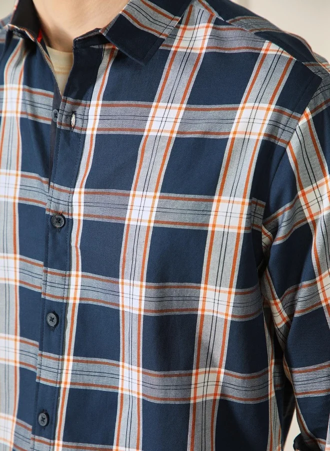 دينيس لينغو Regular Fit Navy Cotton Shirt Spread Collar