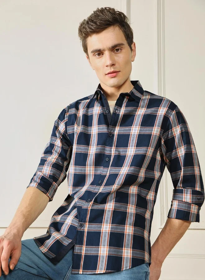 دينيس لينغو Regular Fit Navy Cotton Shirt Spread Collar
