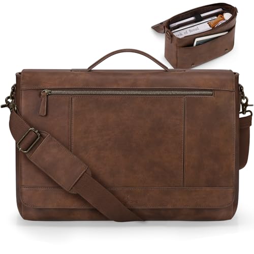 RAINSMORE Leather Messenger Bag for Men 15.6 Inch Laptop Bag Vintage Briefcase Large Computer Bag Satchel Shoulder Bag For College, Work, Business, Office, Brown - Image 1