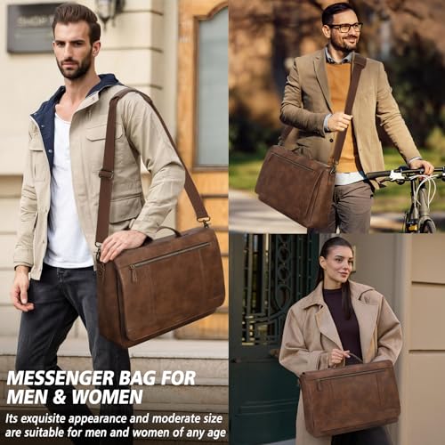 RAINSMORE Leather Messenger Bag for Men 15.6 Inch Laptop Bag Vintage Briefcase Large Computer Bag Satchel Shoulder Bag For College, Work, Business, Office, Brown - Image 2