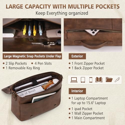 RAINSMORE Leather Messenger Bag for Men 15.6 Inch Laptop Bag Vintage Briefcase Large Computer Bag Satchel Shoulder Bag For College, Work, Business, Office, Brown - Image 3