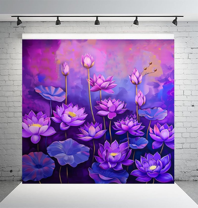 DHARA CREATION Dhara Purple Flowers Art Printed 8FT8FT Backdrop Cloth for Pooja Decoration Traditional Background Curtain Cloth for Festival Washable Fabric - Image 4