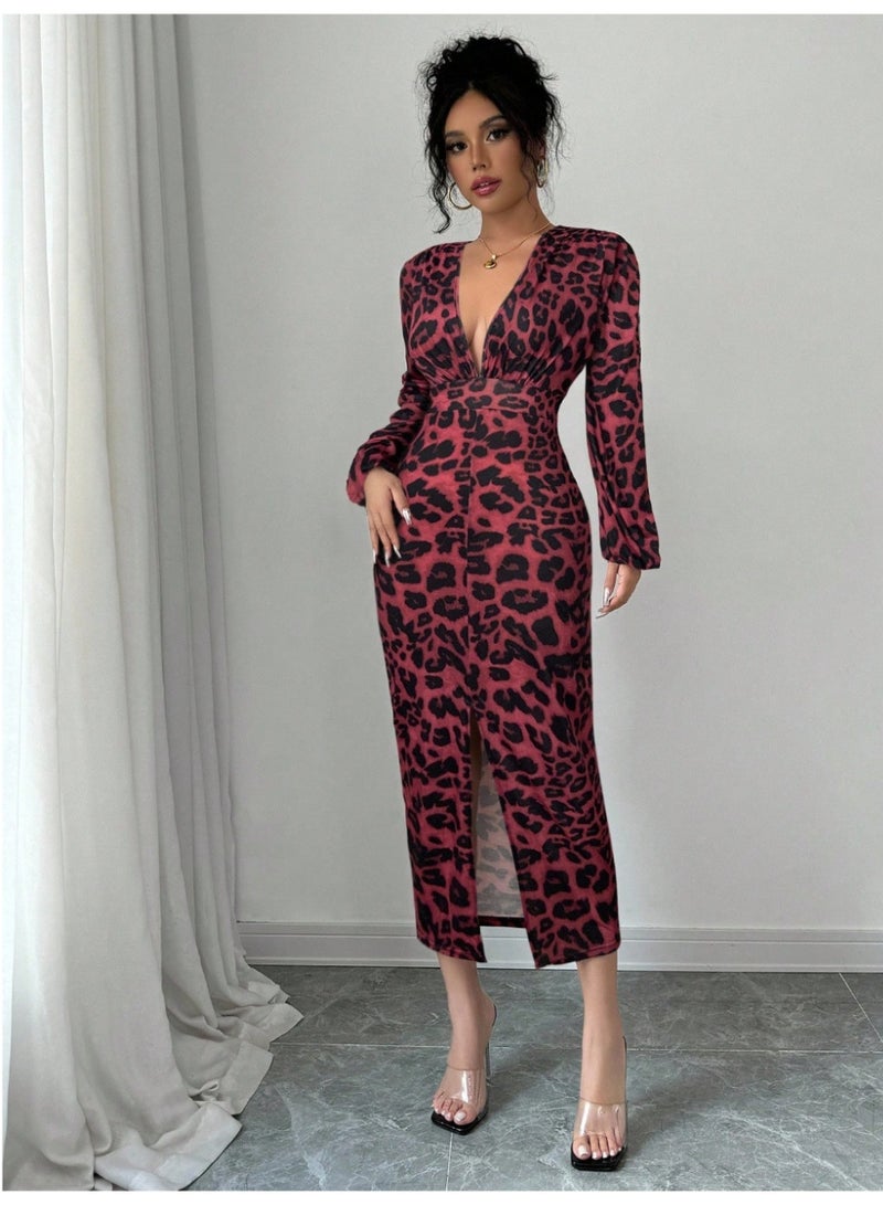 SHEIN V-Neck Ruched Long Sleeve Elastic Cuff Split Hem Bodycon Dress Maxi Women Outfit - Image 5