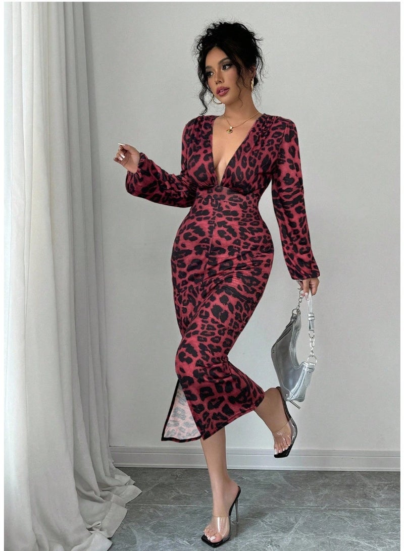 SHEIN V-Neck Ruched Long Sleeve Elastic Cuff Split Hem Bodycon Dress Maxi Women Outfit - Image 1