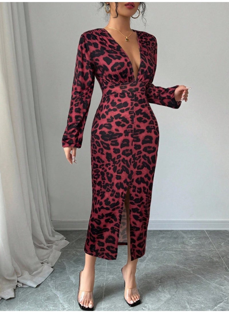 SHEIN V-Neck Ruched Long Sleeve Elastic Cuff Split Hem Bodycon Dress Maxi Women Outfit - Image 4