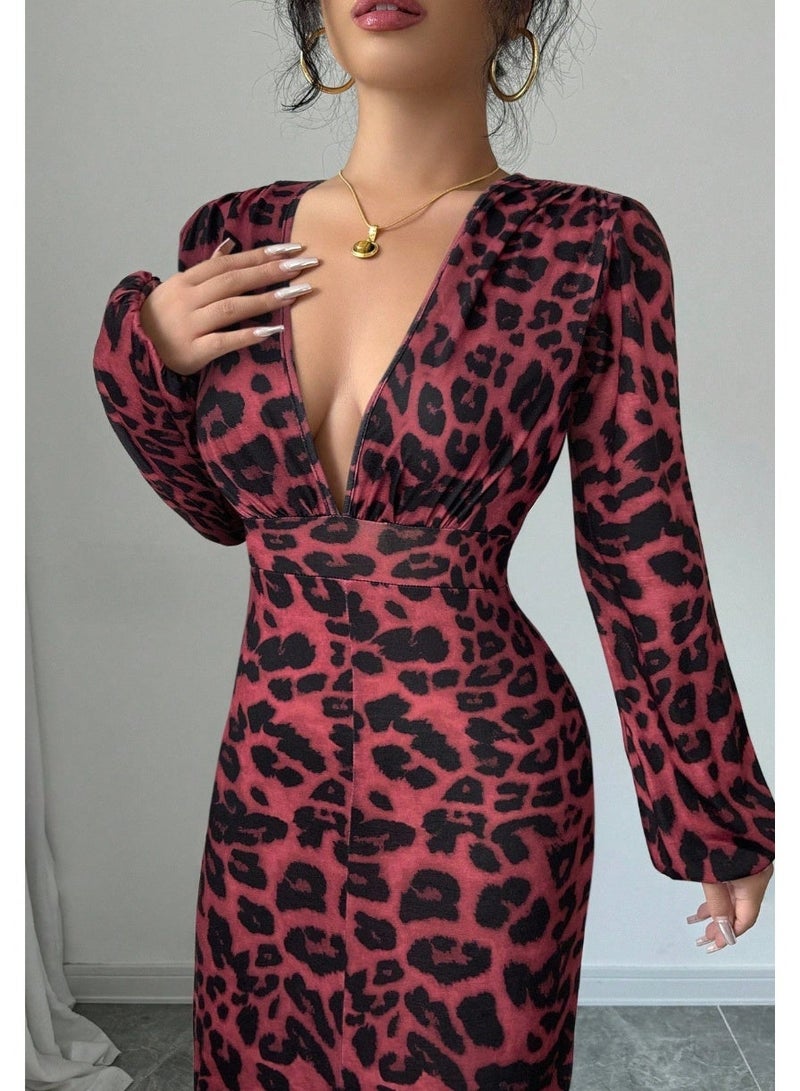 SHEIN V-Neck Ruched Long Sleeve Elastic Cuff Split Hem Bodycon Dress Maxi Women Outfit - Image 3