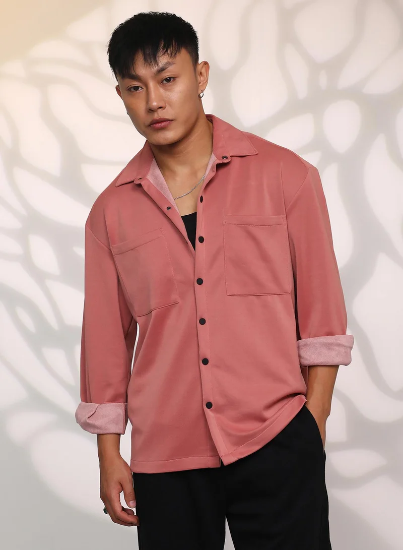 Men's Salmon Pink Solid Utility Shacket