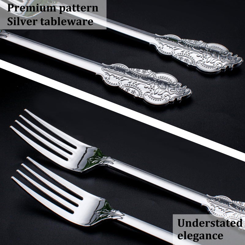 WDF 100 قطعة شوك فضية قابلة للاستخدام مرة واحدة - 7.48 بوصة شوك بلاستيكية فضية - أدوات فضية بلاستيكية باروكية للحلويات والكعك - شوك بلاستيكية قوية للاستخدام في الحفلات أو الزفاف أو الاستخدام اليومي - Image 3