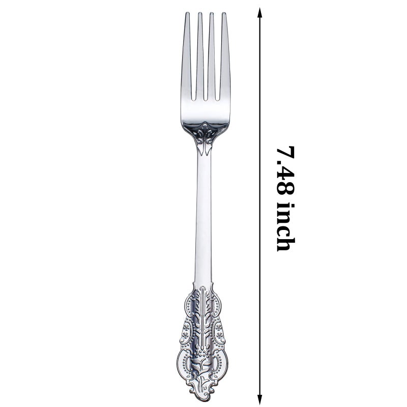 WDF 100 قطعة شوك فضية قابلة للاستخدام مرة واحدة - 7.48 بوصة شوك بلاستيكية فضية - أدوات فضية بلاستيكية باروكية للحلويات والكعك - شوك بلاستيكية قوية للاستخدام في الحفلات أو الزفاف أو الاستخدام اليومي - Image 2