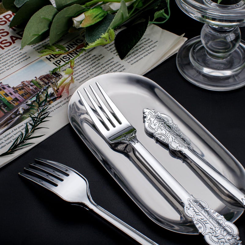 WDF 100 قطعة شوك فضية قابلة للاستخدام مرة واحدة - 7.48 بوصة شوك بلاستيكية فضية - أدوات فضية بلاستيكية باروكية للحلويات والكعك - شوك بلاستيكية قوية للاستخدام في الحفلات أو الزفاف أو الاستخدام اليومي - Image 4