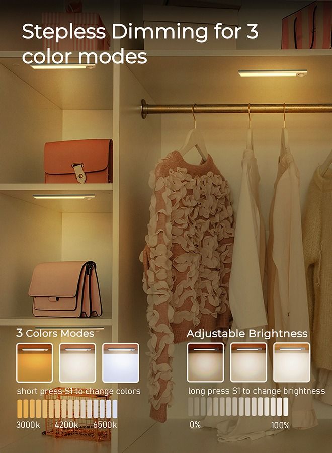 MERTTURM [2 PCS]MERTTURM 80LED Rechargeable Under Cabinet Lighting, Motion Sensor Closet Lights, 1800mAh Battery with Stepless Dimming, Magnetic Install for Wardrobe, Counter, Bedroom, Stairs, Kitchen, Hallway - Image 3