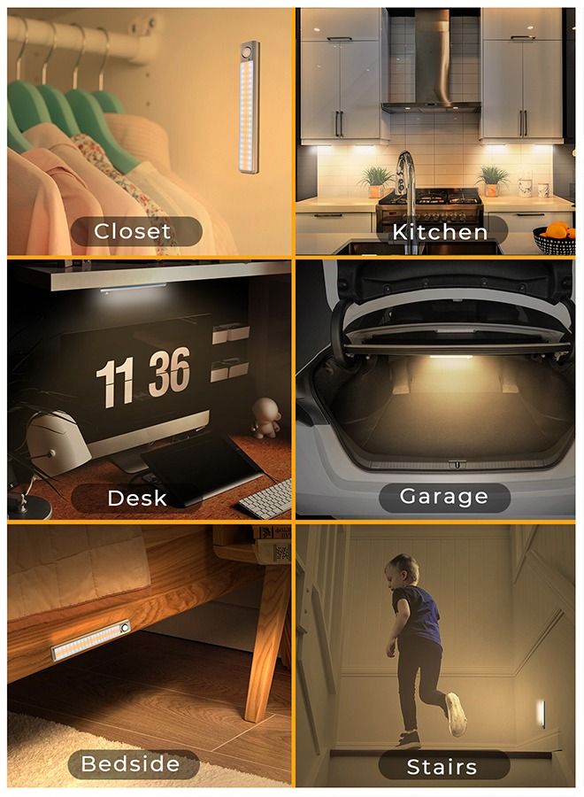 MERTTURM [2 PCS]MERTTURM 80LED Rechargeable Under Cabinet Lighting, Motion Sensor Closet Lights, 1800mAh Battery with Stepless Dimming, Magnetic Install for Wardrobe, Counter, Bedroom, Stairs, Kitchen, Hallway - Image 2