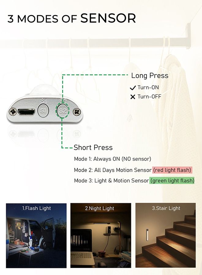 MERTTURM [2 PCS]MERTTURM 80LED Rechargeable Under Cabinet Lighting, Motion Sensor Closet Lights, 1800mAh Battery with Stepless Dimming, Magnetic Install for Wardrobe, Counter, Bedroom, Stairs, Kitchen, Hallway - Image 4