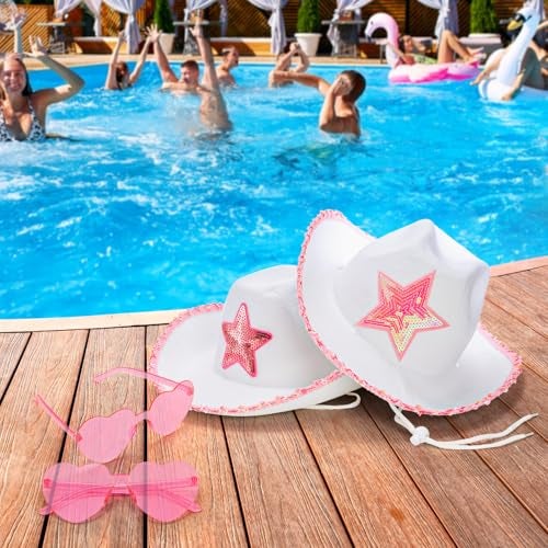 Noamus 2 Pack White Cow girl Hat with Heart Sunglasses, Cowboy Hat with Pink Sequin Star, Preppy Cow Girl Costume Accessories with Adjustable Neck Draw String for Women, Halloween, Dress Up Party - Image 4