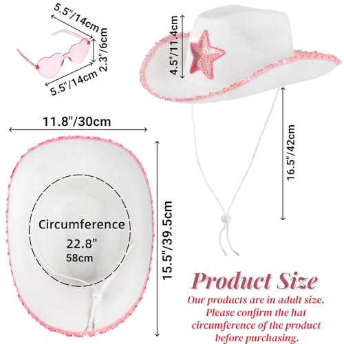 Noamus 2 Pack White Cow girl Hat with Heart Sunglasses, Cowboy Hat with Pink Sequin Star, Preppy Cow Girl Costume Accessories with Adjustable Neck Draw String for Women, Halloween, Dress Up Party - Image 2