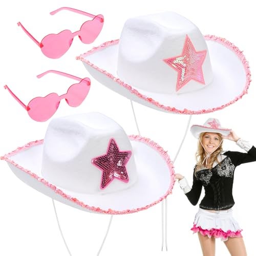 Noamus 2 Pack White Cow girl Hat with Heart Sunglasses, Cowboy Hat with Pink Sequin Star, Preppy Cow Girl Costume Accessories with Adjustable Neck Draw String for Women, Halloween, Dress Up Party - Image 1
