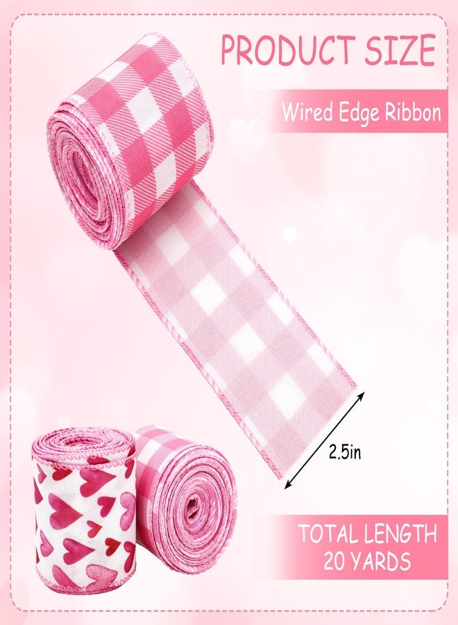 AnyDesign Valentine' s Day Wired Edge Ribbon 2.5 Inch Craft Ribbons Pink Watercolor Heart Fabric Ribbon for Wedding Anniversary DIY Crafts Wreath Bow Making, 2 Rolls, 20 Yard - Image 2