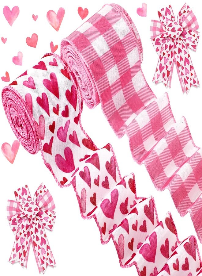 AnyDesign Valentine' s Day Wired Edge Ribbon 2.5 Inch Craft Ribbons Pink Watercolor Heart Fabric Ribbon for Wedding Anniversary DIY Crafts Wreath Bow Making, 2 Rolls, 20 Yard - Image 1