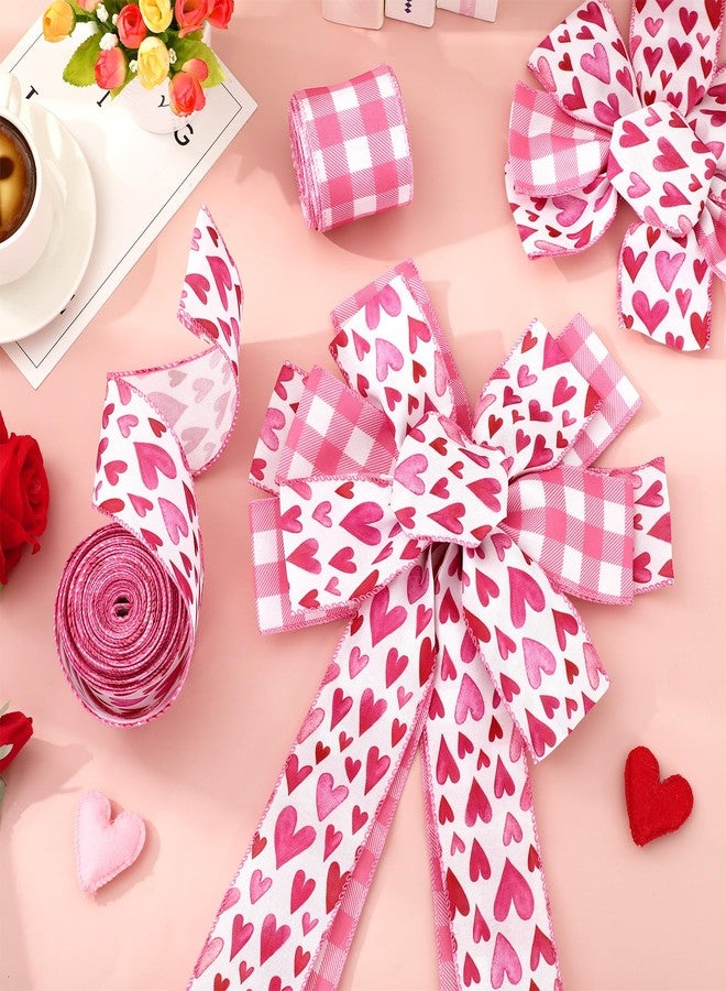 AnyDesign Valentine' s Day Wired Edge Ribbon 2.5 Inch Craft Ribbons Pink Watercolor Heart Fabric Ribbon for Wedding Anniversary DIY Crafts Wreath Bow Making, 2 Rolls, 20 Yard - Image 4