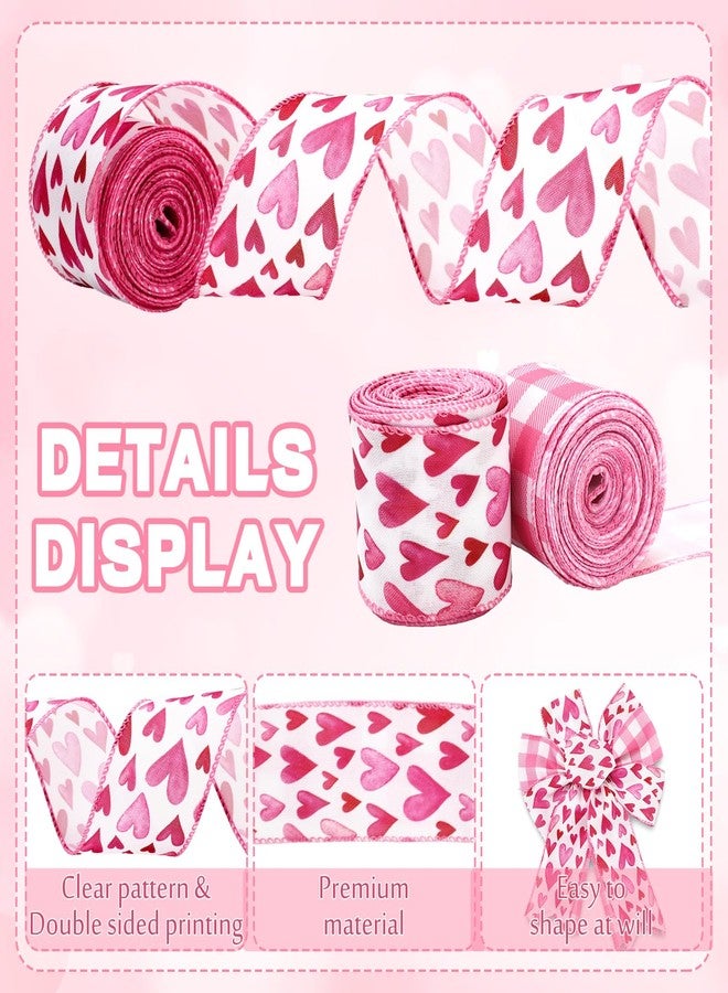 AnyDesign Valentine' s Day Wired Edge Ribbon 2.5 Inch Craft Ribbons Pink Watercolor Heart Fabric Ribbon for Wedding Anniversary DIY Crafts Wreath Bow Making, 2 Rolls, 20 Yard - Image 3