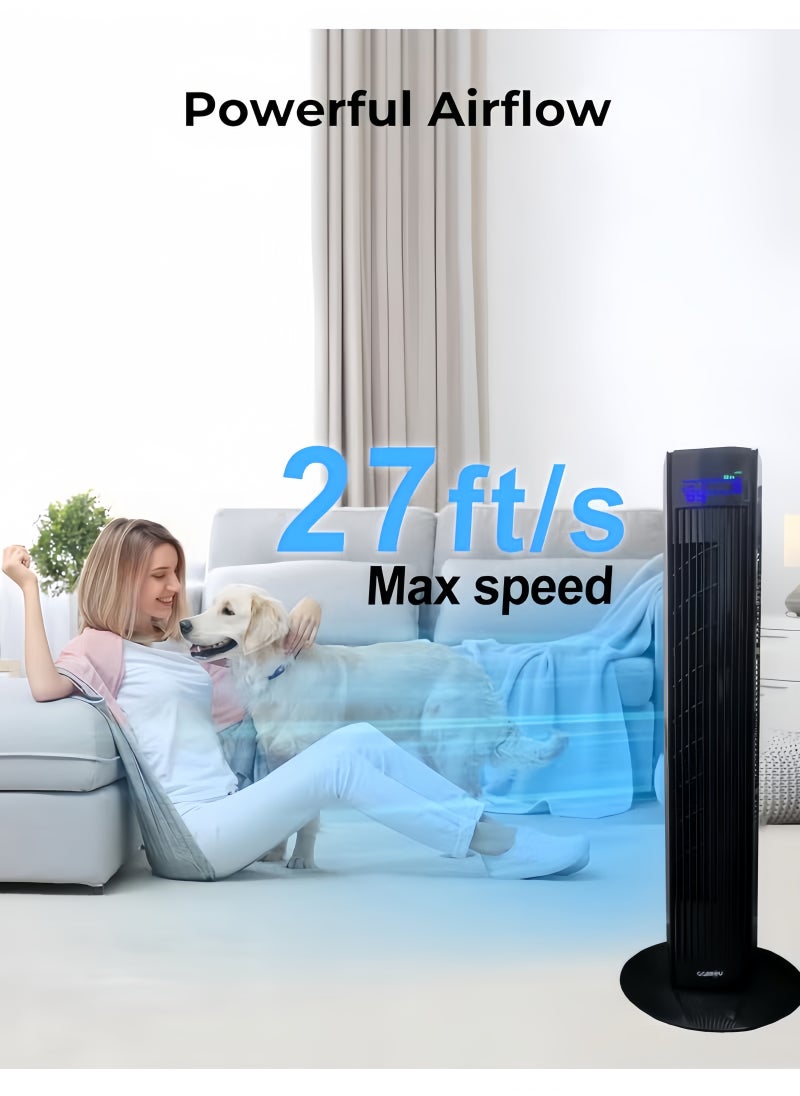 Tower Fan with Remote, 90° Oscillation Bladeless Standing Fan,27ft/s High-Speed 34dB Quiet Floor Fan Pedestal Fans with 3 Speeds, 3 Modes, 12H Timer，Temperature LED Display Black