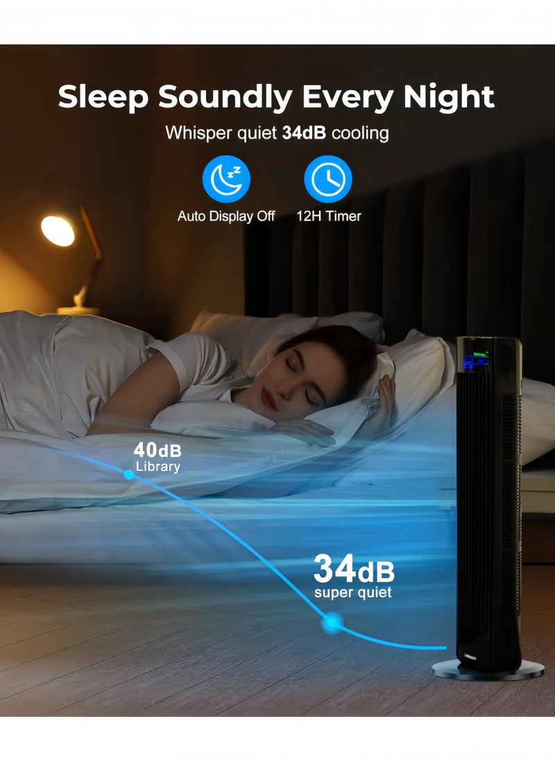 Tower Fan with Remote, 90° Oscillation Bladeless Standing Fan,27ft/s High-Speed 34dB Quiet Floor Fan Pedestal Fans with 3 Speeds, 3 Modes, 12H Timer，Temperature LED Display Black