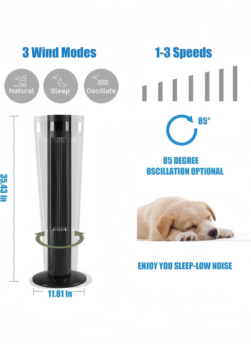 Tower Fan with Remote, 90° Oscillation Bladeless Standing Fan,27ft/s High-Speed 34dB Quiet Floor Fan Pedestal Fans with 3 Speeds, 3 Modes, 12H Timer，Temperature LED Display Black