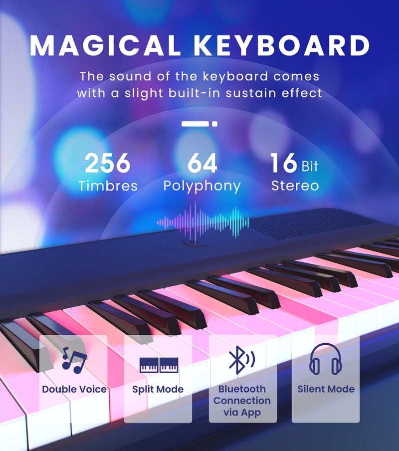 The ONE Smart Keyboard COLOR 61 Keys Piano Keyboard, Music Keyboard with 256 Timbres, 64 Polyphony, 2 Speakers, Built-in LED Lights and Free Apps (Blue) - Image 5