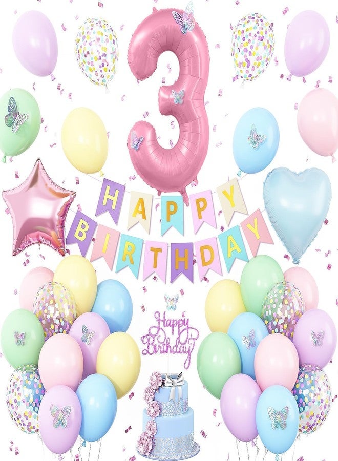 Vibzox 3rd Birthday Decoration for Girls,Pastel Rainbow Macaron 3rd Birthday Balloon Number 3 Balloon Butterfly Stickers Star Heart Foil Balloons Banner Party Decoration for 3 Year Old - Image 1