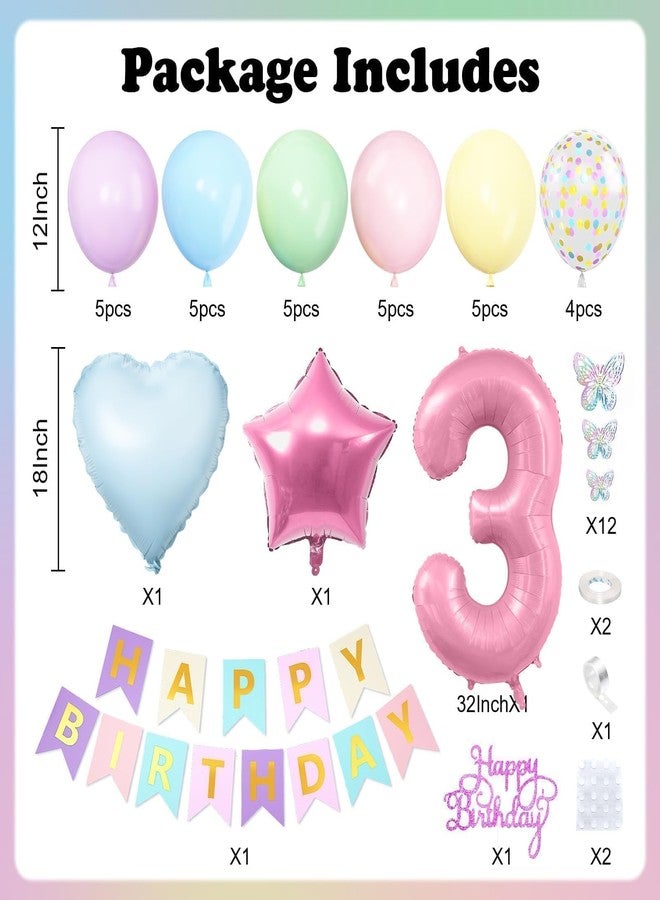 Vibzox 3rd Birthday Decoration for Girls,Pastel Rainbow Macaron 3rd Birthday Balloon Number 3 Balloon Butterfly Stickers Star Heart Foil Balloons Banner Party Decoration for 3 Year Old - Image 2