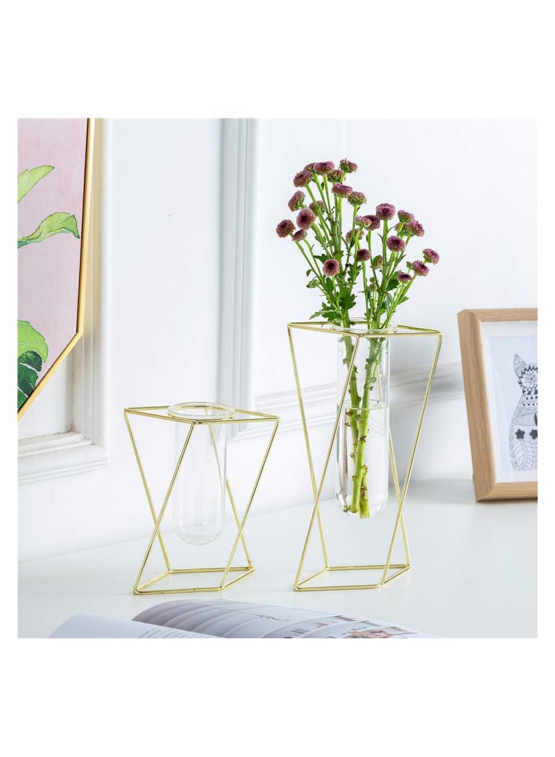SYOSI 2pcs/Set Modern Frame Cylinder Clear Vase Gold Small + Large Glass Flower Vase with Geometric Metal Rack Stand Centerpiece for Home Office Wedding - Image 3
