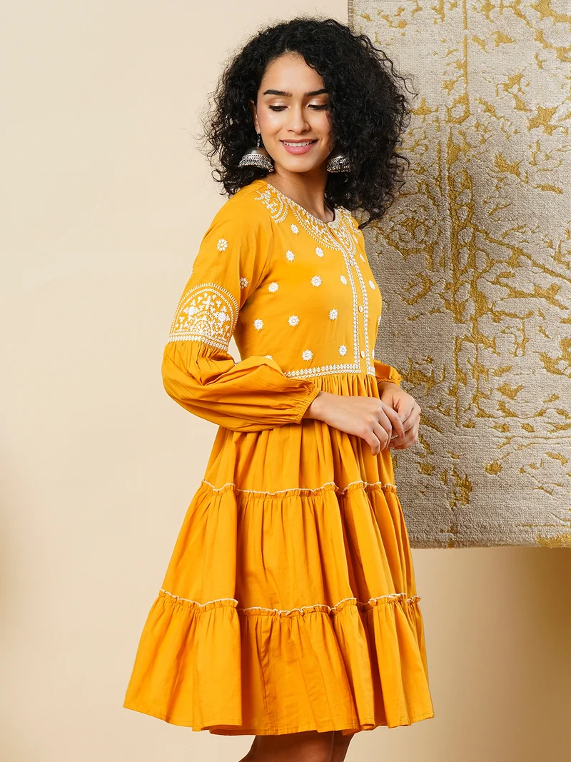 globus Globus Women Floral Embroidered Cotton A-Line Ethnic Dress