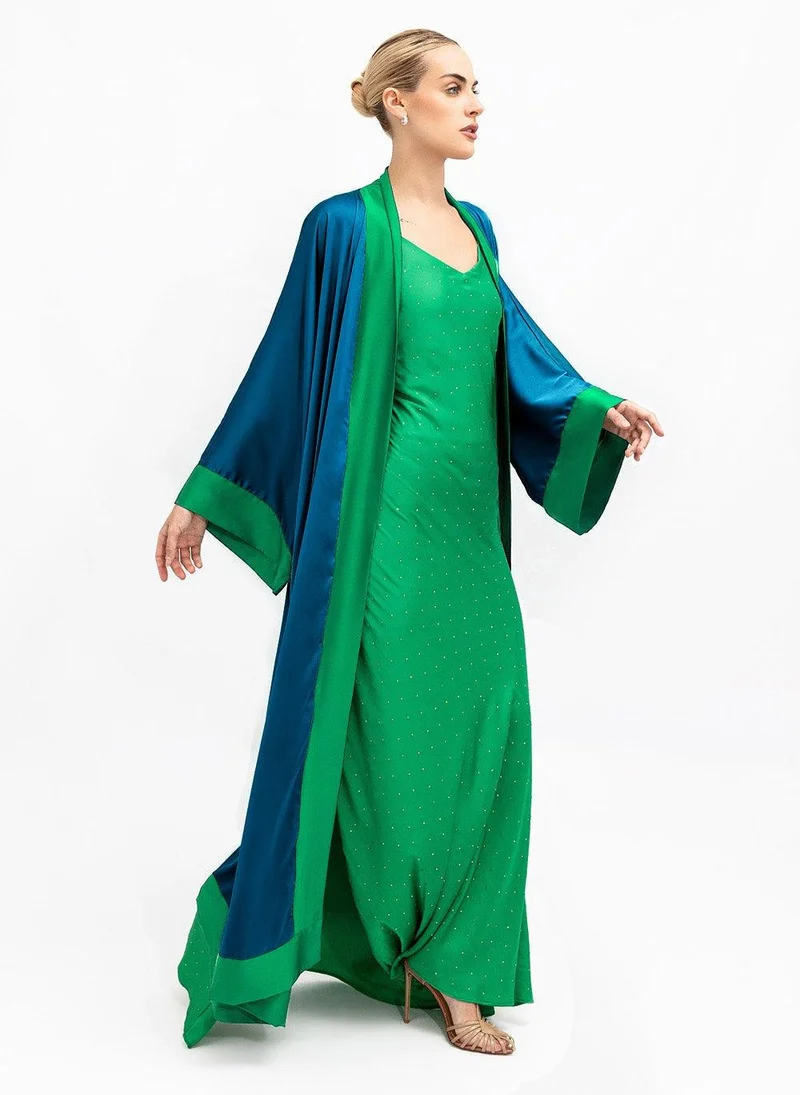 Blue Green Cuffs Satin Abaya Kaftan