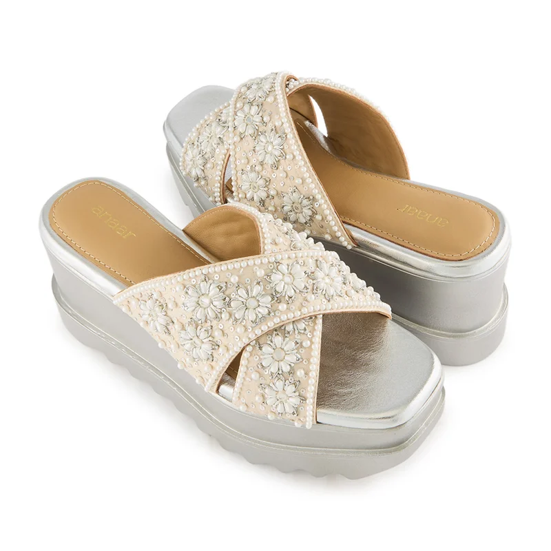 Anaar Anaar Luna Sandals – Handcrafted Raw Silk Open Sandals with Pearl Embellishments