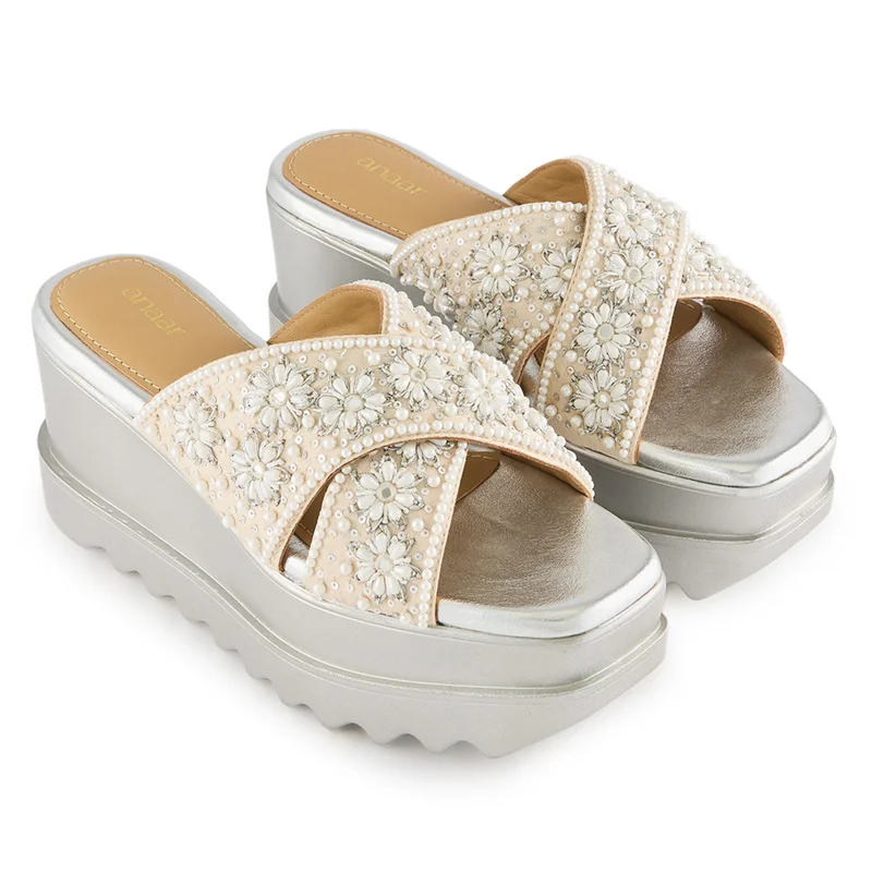 Anaar Anaar Luna Sandals – Handcrafted Raw Silk Open Sandals with Pearl Embellishments